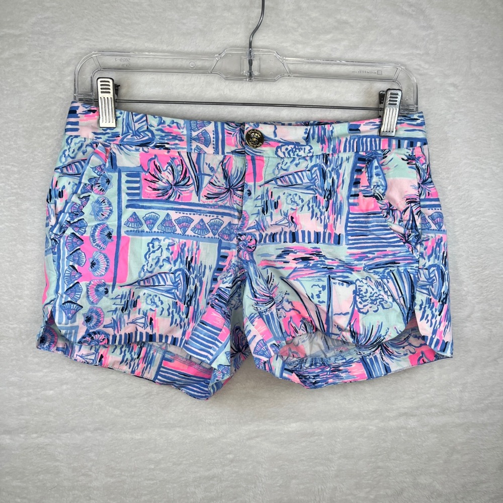 Lilly Pulitzer Women's Size 00 Printed Shorts Blue Pink Cotton Blend